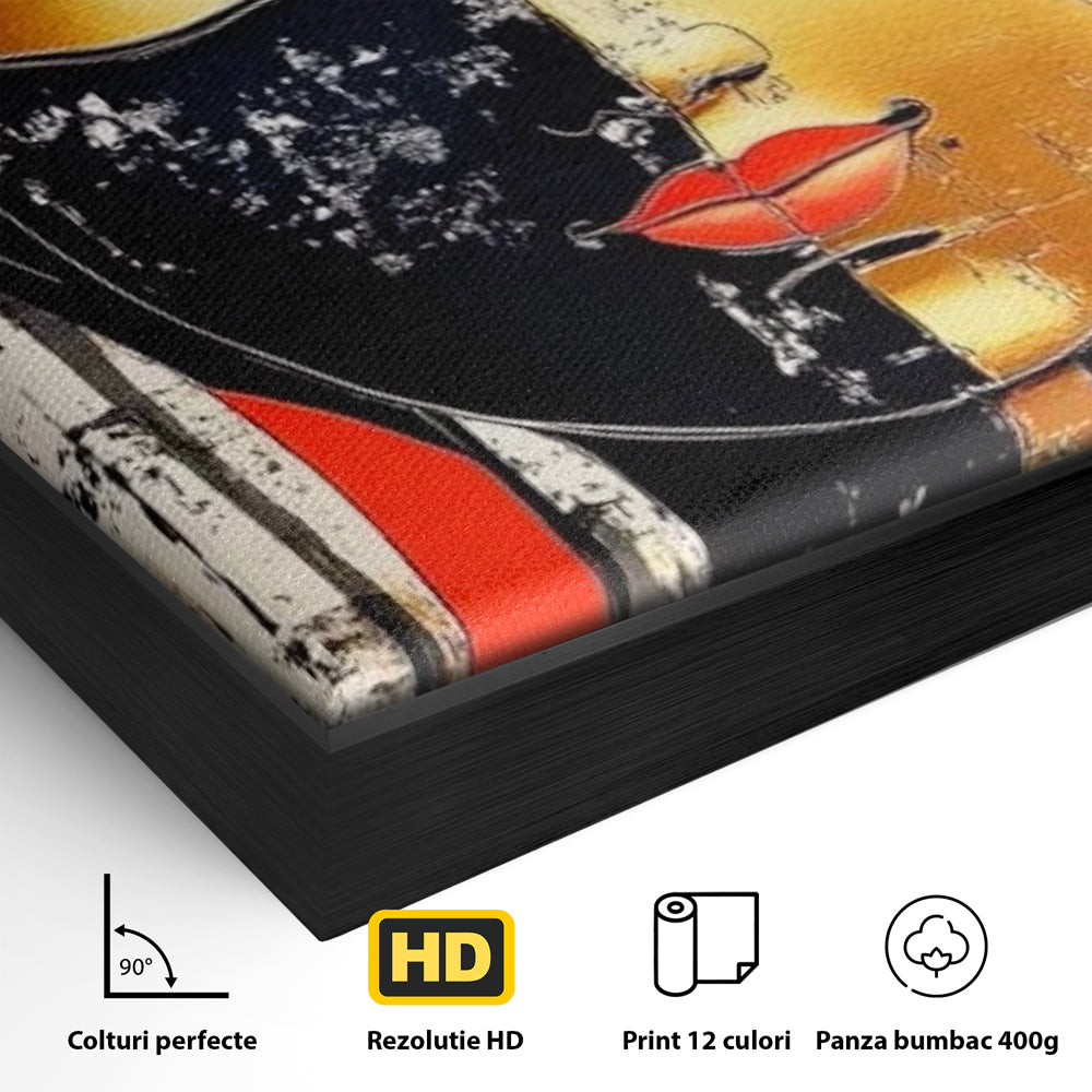 Detaliu al suprafetei: tablou canvas cu chipul lui buddha, in rama de aluminiu negru