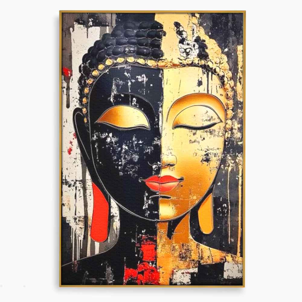 Tablou canvas cu tablou canvas cu chipul lui buddha, in rama de aluminiu auriu