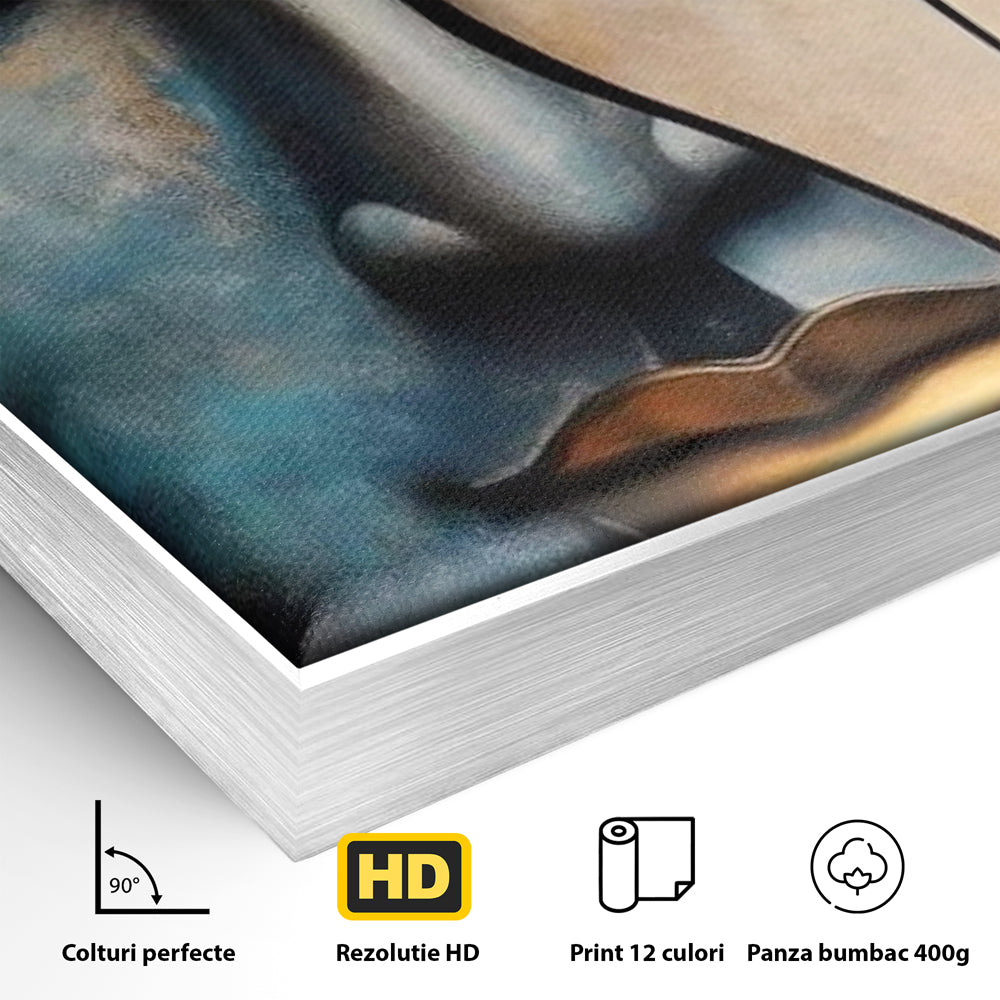 Detaliu al suprafetei: tablou canvas cu chipul lui buddha, in rama de aluminiu argintiu