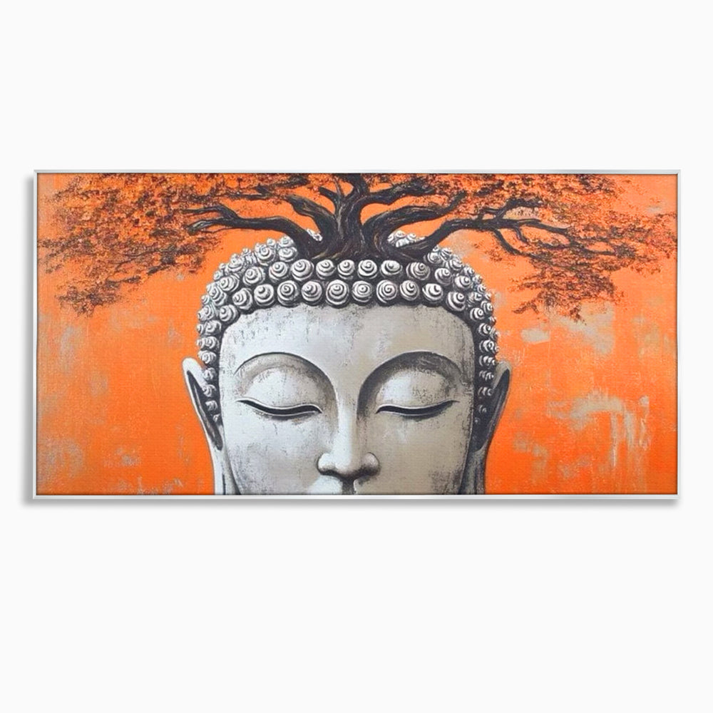 Tablou canvas cu tablou canvas cu capul lui buddha si copac, in rama de aluminiu argintiu