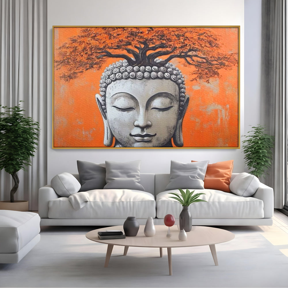 Tablou canvas cu tablou canvas cu capul lui buddha si copac, in rama de aluminiu auriu, pe perete intr-un living