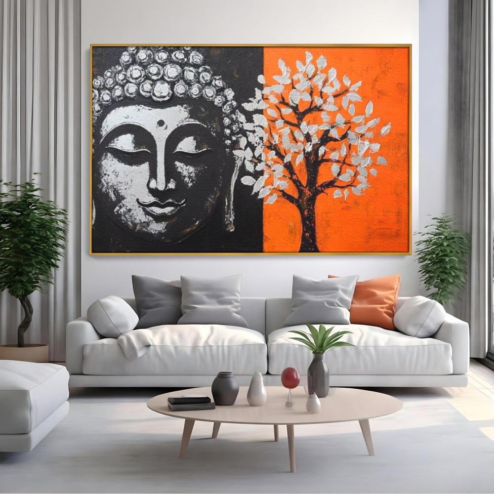Tablou canvas cu tablou canvas cu capul lui buddha si un copac, in rama de aluminiu auriu, pe perete intr-un living