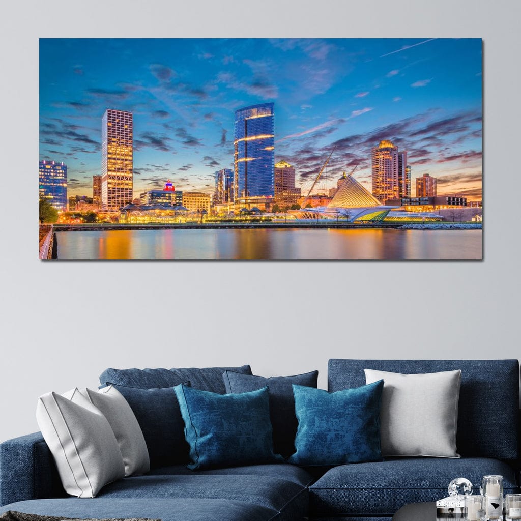 Tablou Canvas Premium, LuxCanva® O1057, Orasul care Straluceste, Lumini, Urban, Milwaukee, Nori, Metropola, Apis, Apa, Panorama, Vibratie, Orizont, Tablou, Plimbare, Birou, Living, Dormitor