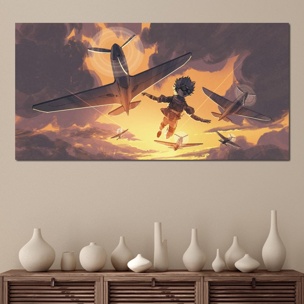 Tablou Canvas Premium, LuxCanva® K1019, Micul Aviator, Zbor, Vise, Nori, Cer, Copil, Escadrila, Soare, Stele, Avioane, Aventura, Curaj, Erou, Aerian, Cinematic, Aviatie, Camera Copii