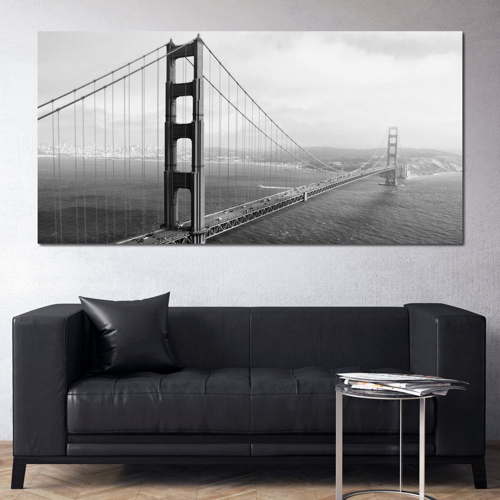 Tablou Canvas Premium, LuxCanva® O1037, Podul dintre Doua Lumi, Golden, Gate, San Francisco, Infinit, Monocrom, Pacific, Ocean, Inginerie, Suspendat, California, Forta, Birou, Living, Dormitor