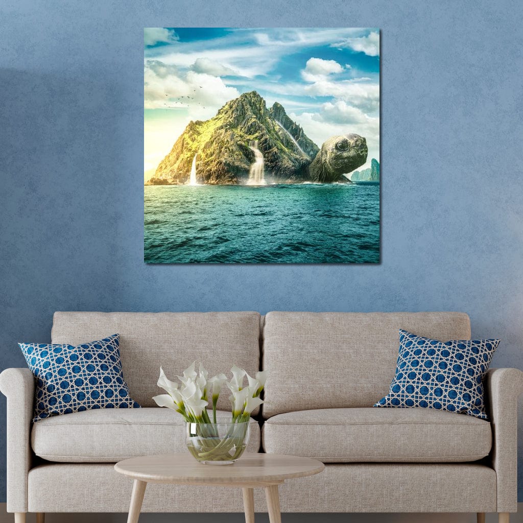 tablou canvas cu o insula sub forma unei testoase, langa un ocean sub cer senin cu un stol de pasari in zbor