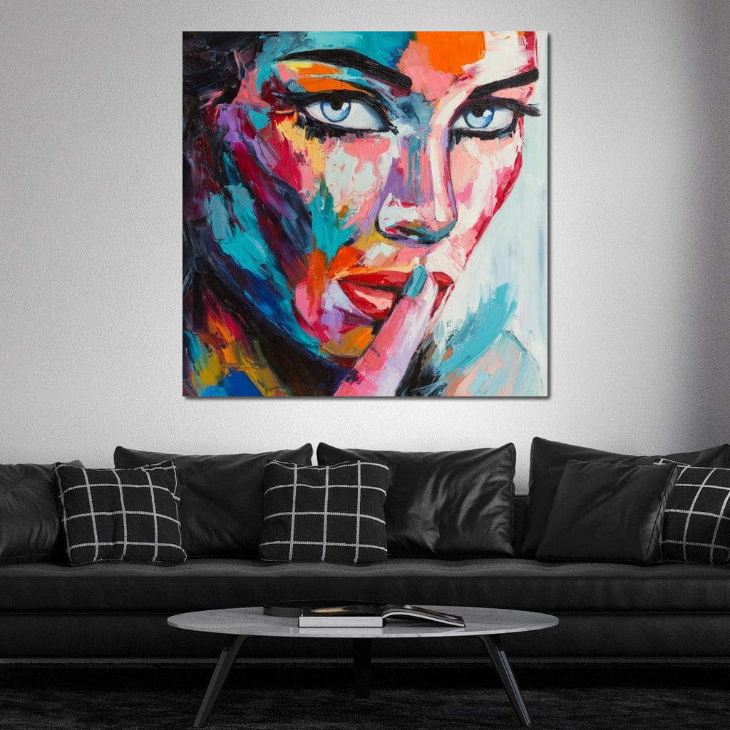 Imagine cu tablou canvas cu chip de femeie in culori vibrante, tiparita pe panza canvas