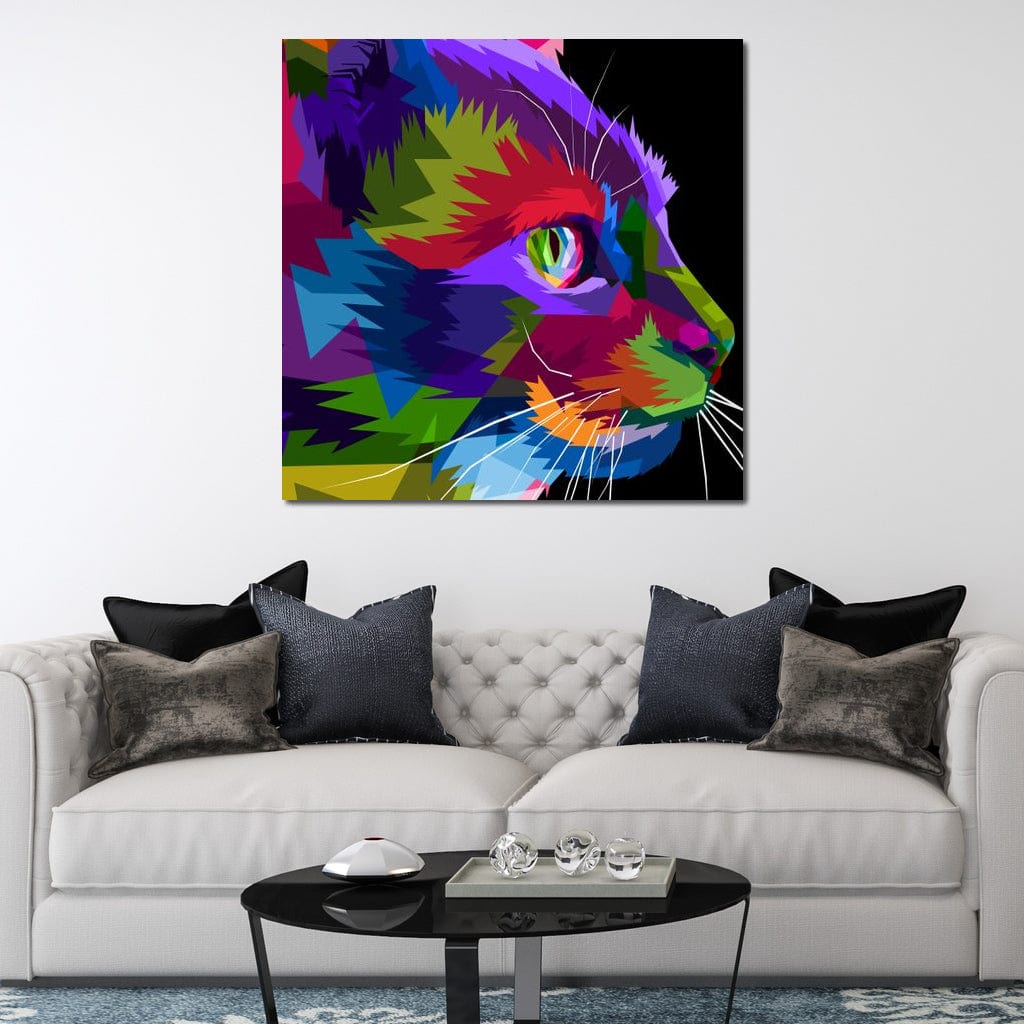 tablou canvas cu un portret de pisica in stil pop art, compus din forme geometrice si culori vibrante