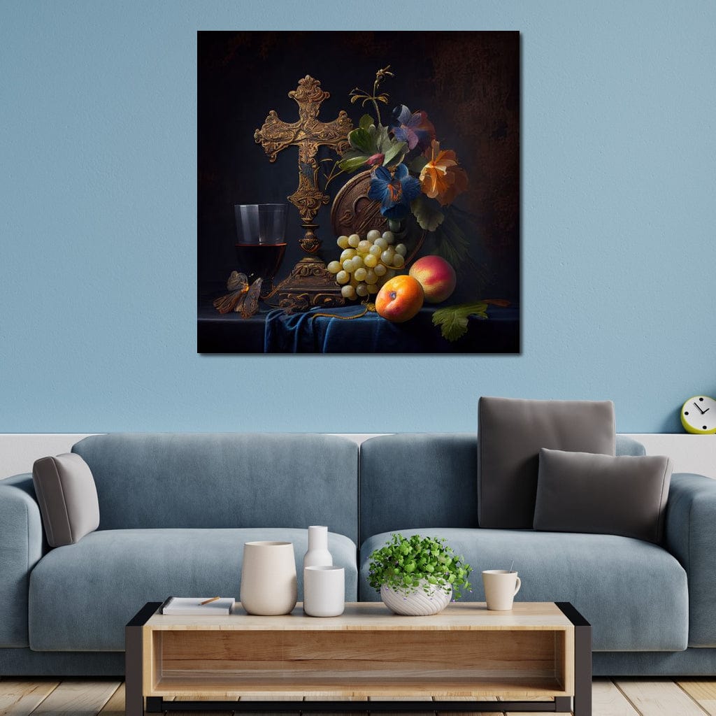 Tablou Canvas Premium LuxCanva® H1030 Natura Statica Sacra , Simboluri, Cruce, Rod, Pamant, Fructe, Vin, Sacru, Lumina, Umbra, Living, Dormitor