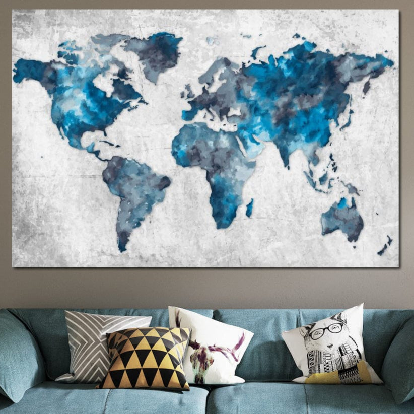 Tablou Canvas Premium, LuxCanva® L1001, Albastrul Lumii, Harta, Continente, Calatorie, Albastru, Gri, Colorat, Geografie, Decorativ, Arta, Modern, Acvatic, Oceanic