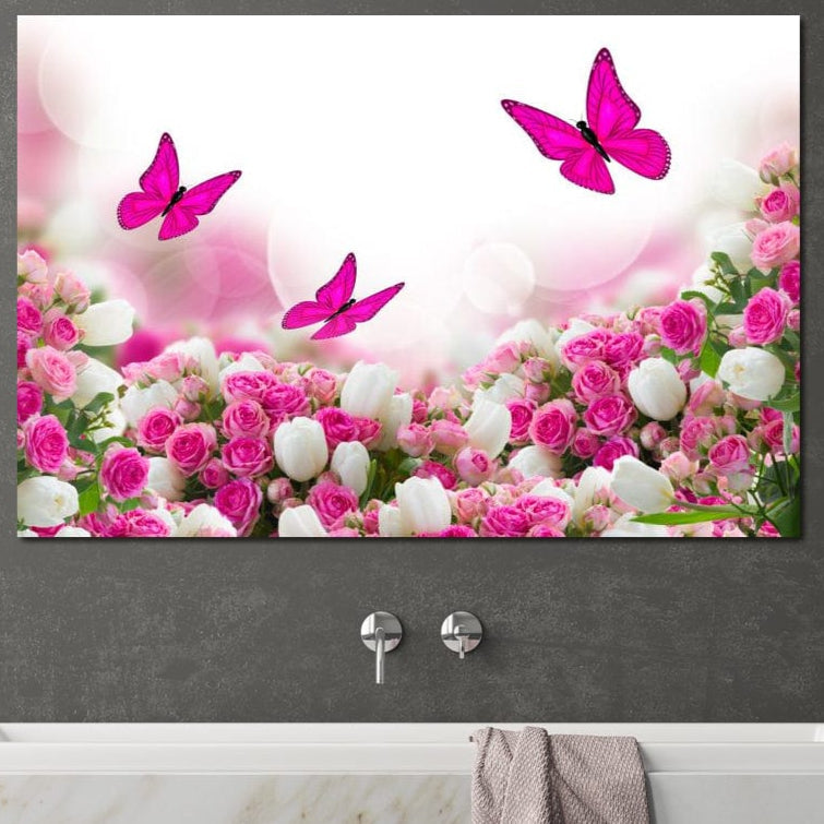 tablou canvas cu fluturi roz zburand deasupra unei gradini de trandafiri si lalele, intr-un decor romantic