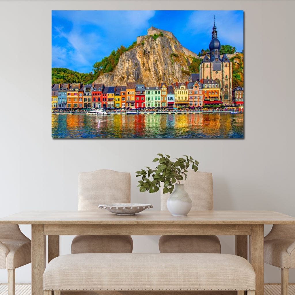 Tablou Canvas Premium, LuxCanva® O1003, Dinant, Orasul Povestilor, Belgia, Case, Colorate, Rau, Meuse, Peisaj, Catedrala Notre-Dame, Stanca, Apa, Vacanta, Reflexii, Living, Dormitor, Birou