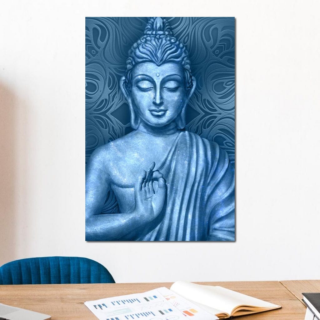 Tablou Canvas Premium LuxCanva® I112, Buddha de Safir, Meditatie, Iluminare, Zen, Pace Interioara, Spiritualitate, Armonie, Relaxare, Albastru, Urna