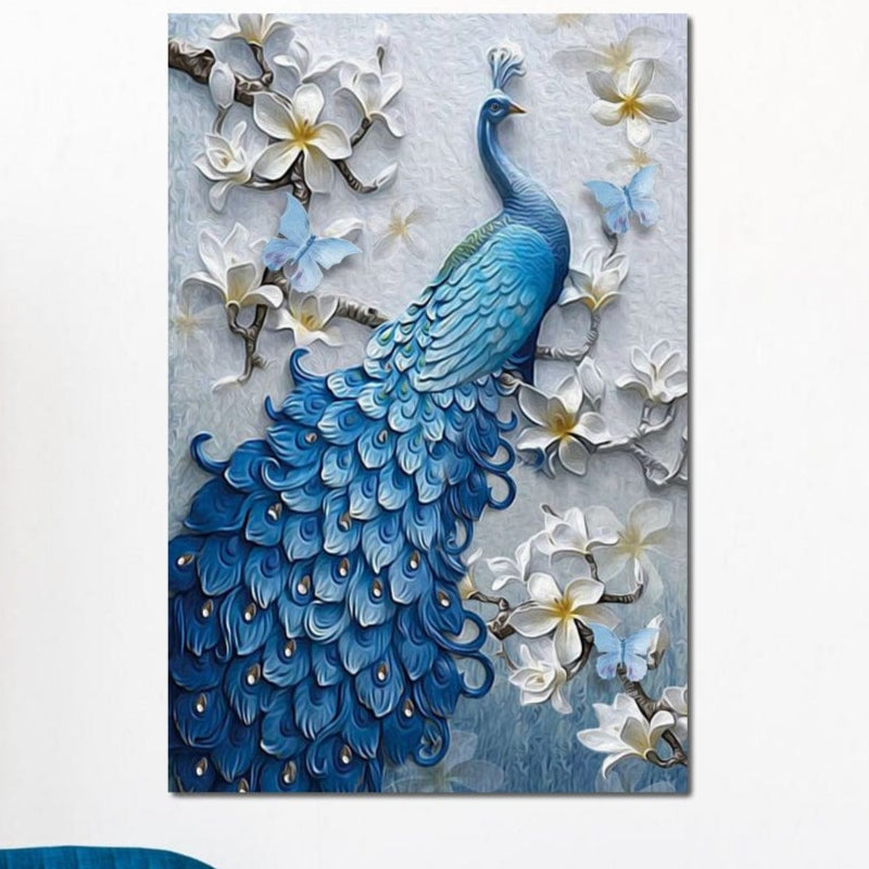 tablou canvas cu un paun albastru printre crengi inflorite, pe fundal deschis