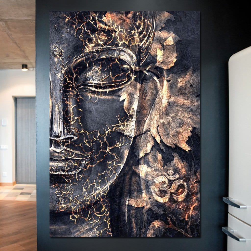 Tablou Canvas Premium LuxCanva® I118, Sub Pielea Timpului, Buddha, Vibratia OM, Constiinta, Spiritualitate, Crapaturi, Frunze, Foc Sacru, Contemplare