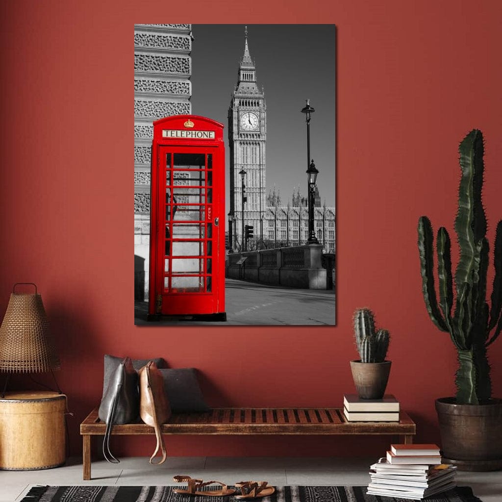 Tablou Canvas Premium, LuxCanva® O1038, Fereastra spre Londra, Britanic, Big Ben, Cabina Telefon, Londra, Capitala, Monarhie, Calatorie, Arhitectura, Traditie, Istorie, Rosu, Birou, Living, Dormitor