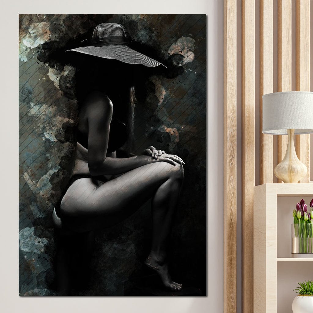 Tablou Canvas Premium LuxCanva® G1017, Sub Palaria Misterului , Palarie, Silueta, Umbra, Dorinta, Senzualitate, Feminitate, Eleganta, Living, Dormitor, Culori vibrante