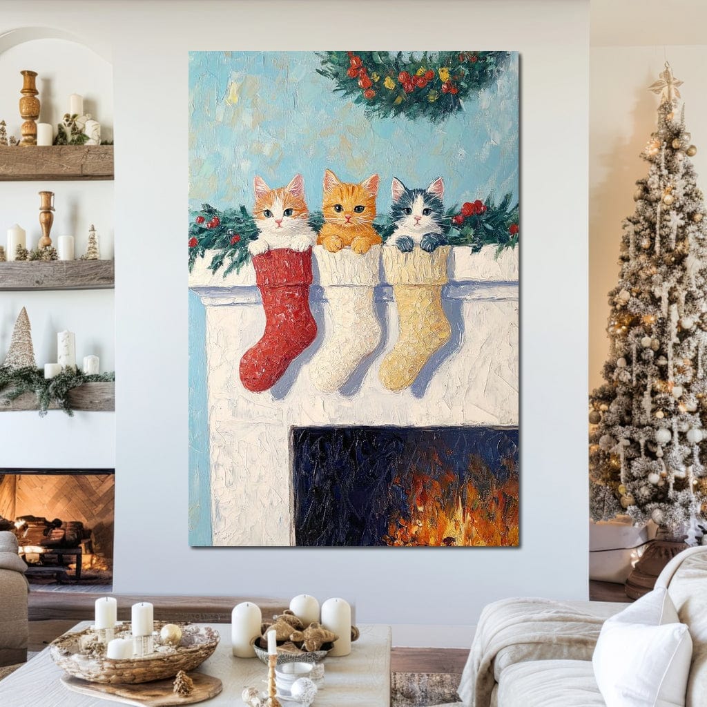 Tablou Canvas Premium LuxCanva® D1022, In asteptarea lui Mos Nicolae , Pisicute, Sosete, Semineu, Asteptare, Daruri, Living Room, Culori vibrante