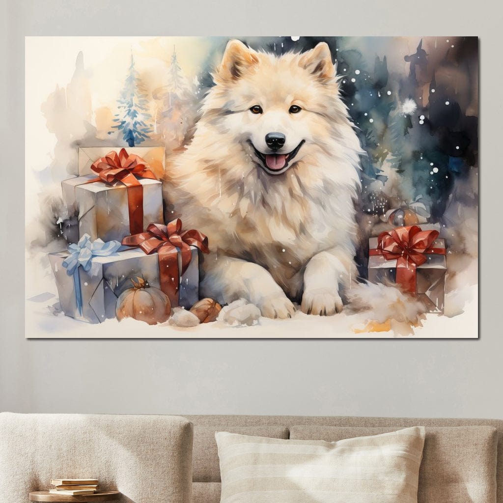 Tablou Canvas Premium LuxCanva® D1034, Un Samoyed in Dar , Caine, Blana, Bej, Cutii, Cadouri, Latrat, Camera Copii, Culori vibrante