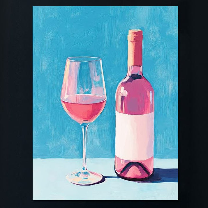 tablou canvas cu o sticla si un pahar de vin rose, pictate pe fundal albastru pastelat