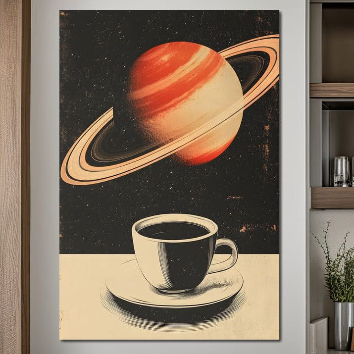 tablou canvas cu o ceasca alba cu cafea, pe fundal cosmic cu planeta Saturn inconjurata de stele