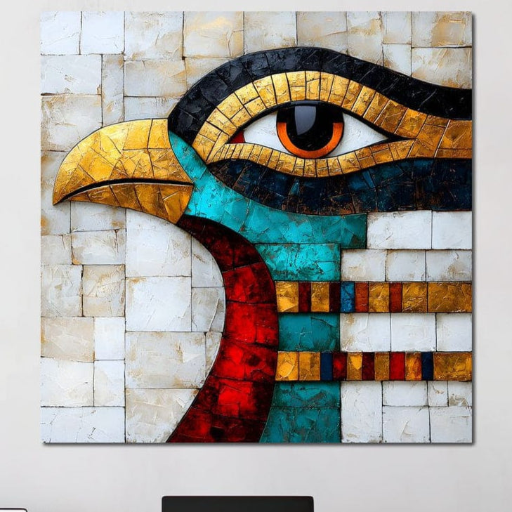 tablou canvas cu o pasare in stil egiptean redat in culori vibrante si forme geometrice