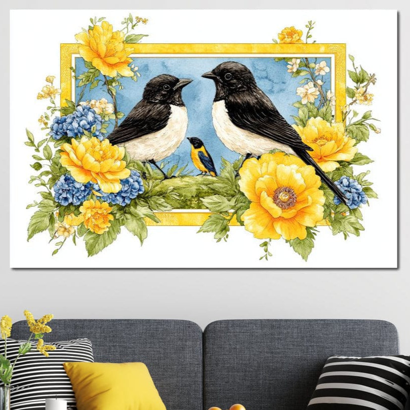 tablou canvas cu trei pasari cu penaj alb-negru si galben incadrate intr-o rama de flori albastre si galbene pe fundal decorativ