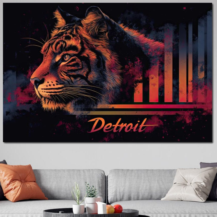 tablou canvas cu un tigru in culori electrice roz, albastru si portocaliu, cu accente urbane si moderne