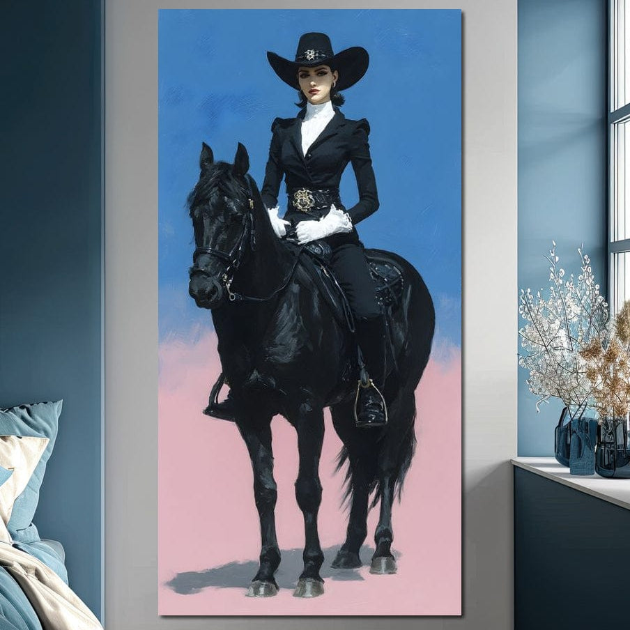 tablou canvas cu o femeie eleganta cu palarie, calare pe un cal negru, pe fundal in nuante pastelate de albastru si roz