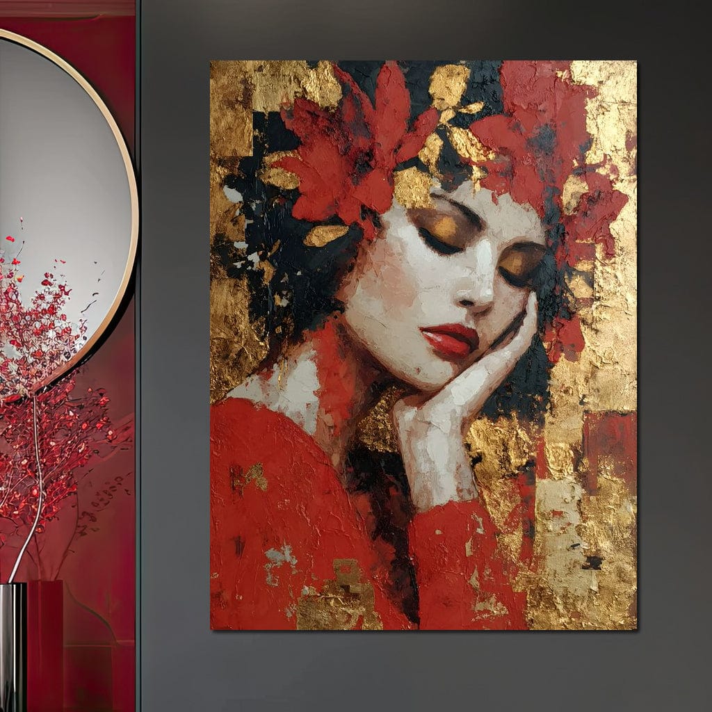 Tablou Canvas Premium, LuxCanva® G1227, Rasuflarea Luminii, Visare, Aur, Rosu, Tacere, Toamna, Catifea, Ganduri, Melancolie, Flori, Portret, Rafinament, Mister, Pasiune, Salon, Living, Dormitor