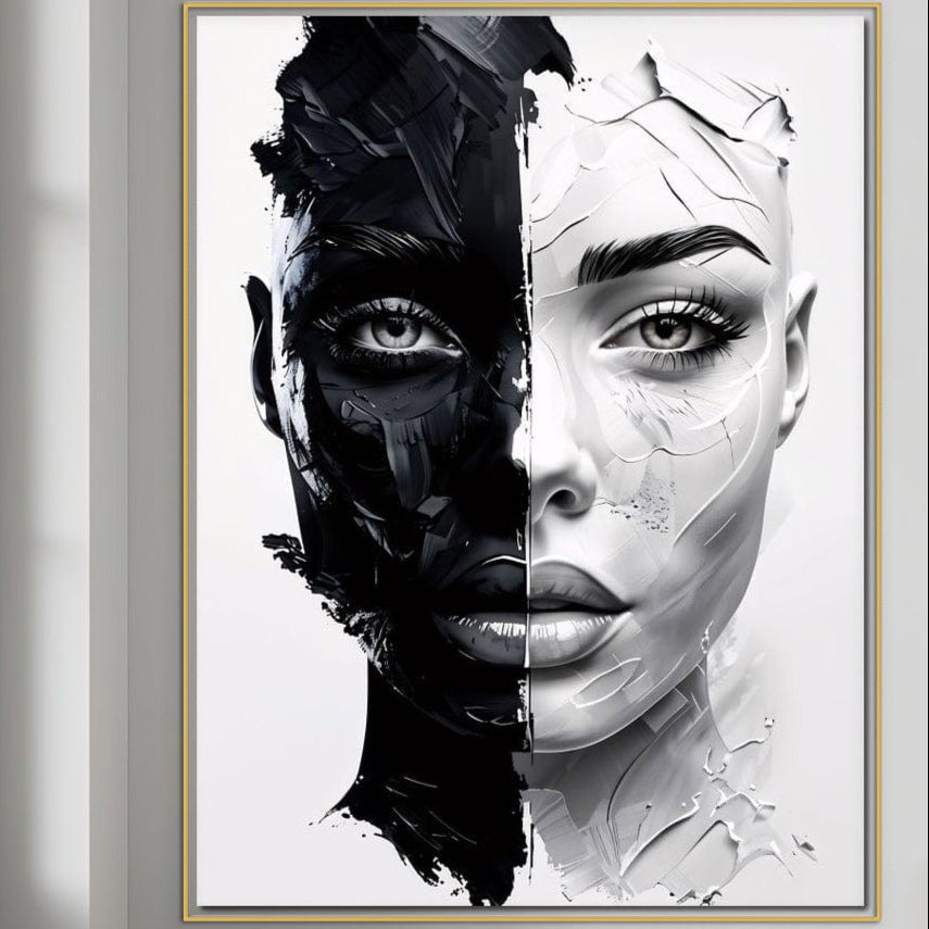 Tablou Canvas Premium, LuxCanva® G1163, Doua Fete, Un Suflet, Dualitate, Alb, Negru, Monocrom, Yin, Yang, Lumina, Impact, Negura, Armonie, Chipuri, Femei, Inima, Birou, Living, Dormitor