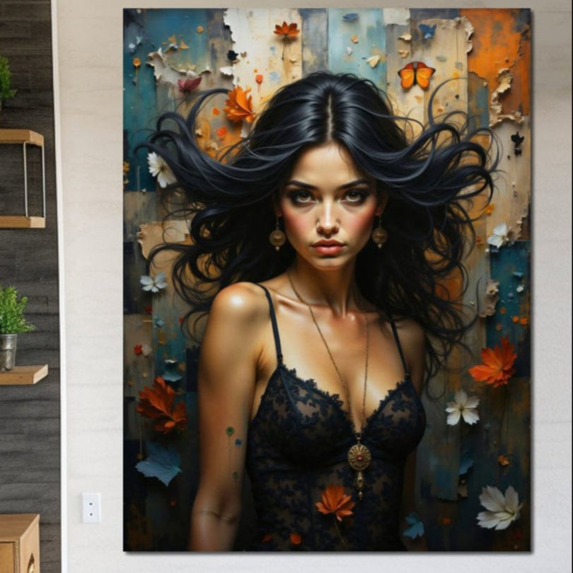 Tablou Canvas Premium, LuxCanva® G1168, Timpul din Colier, Portret, Flori, Frunze, Vant, Dramatism, Colier, Vintage, Rochie, Negru, Boho, Eclectic, Fantezie, Vartej, Toamna, Birou, Living, Dormitor