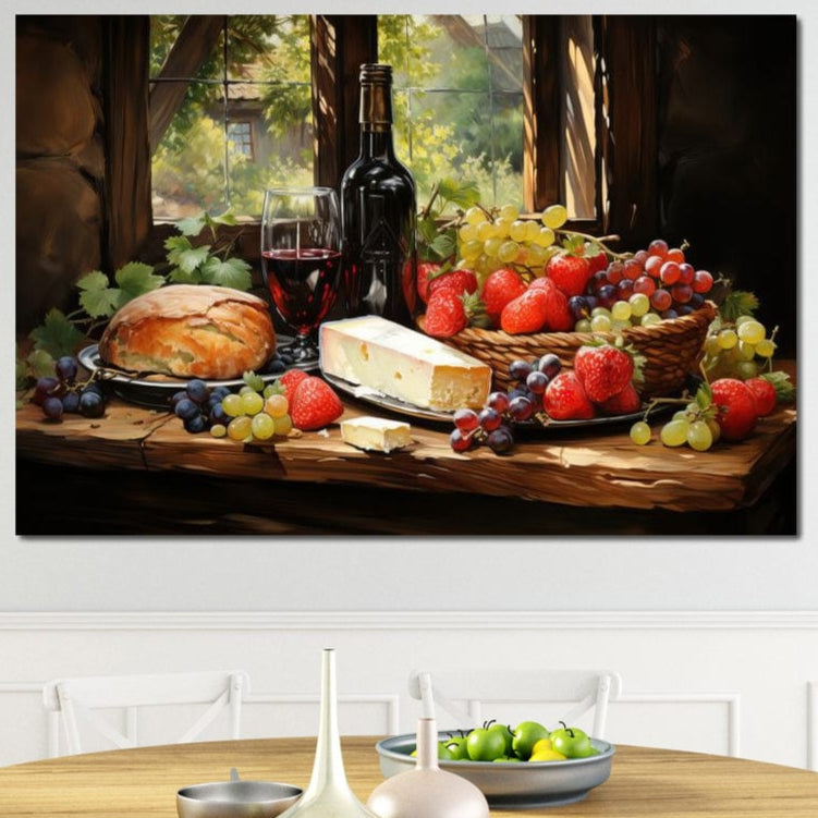tablou canvas cu o sticla de vin, paine, branza si fructe asezate pe o masa de lemn, intr-o atmosfera rustica