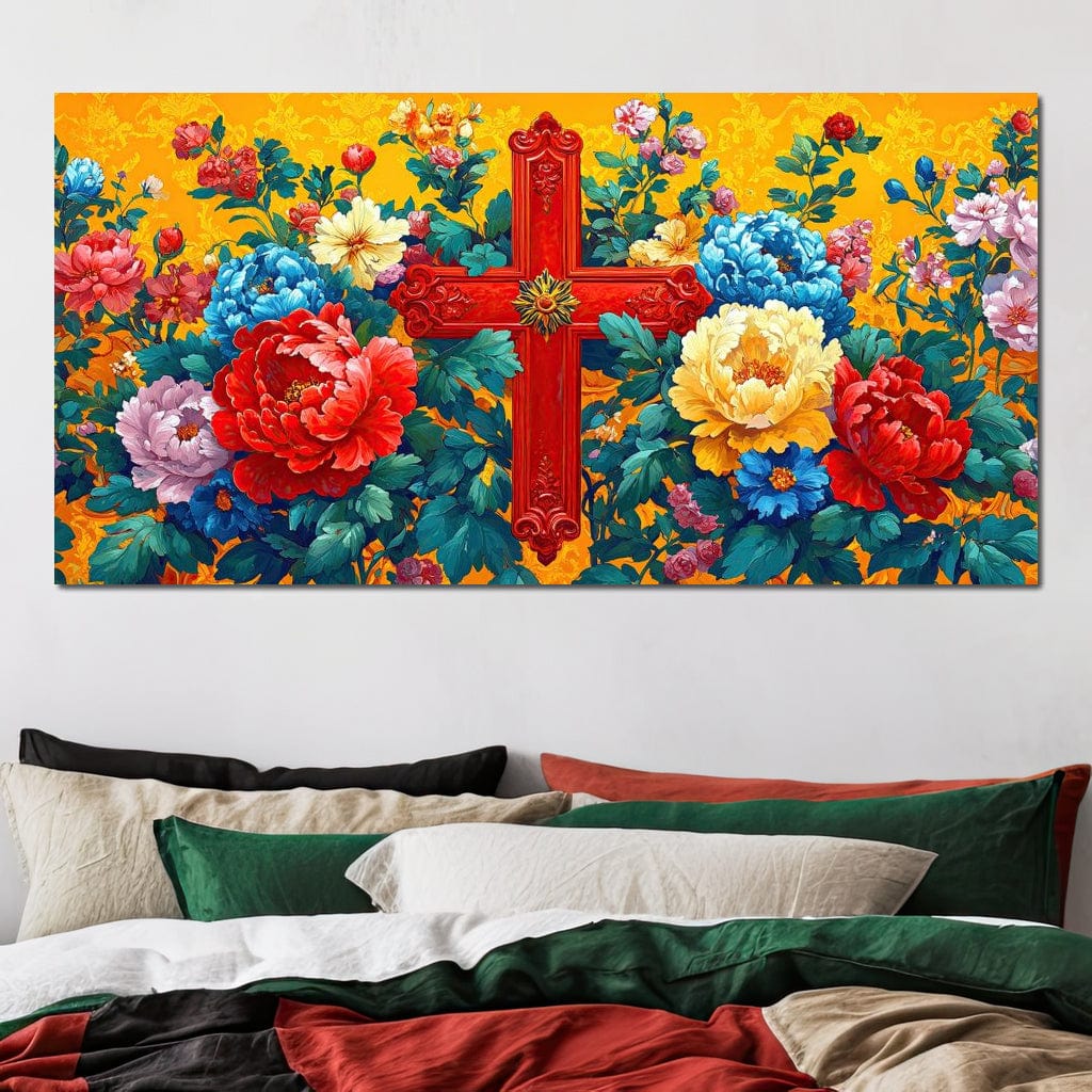 Tablou Canvas Premium LuxCanva® H1058, Credinta Vie, Credinta, Cruce, Flori, Gradina, Lumina, Rasarit, Speranta, Puritate, Spiritualitate, Simbol Sacru, Living, Dormitor