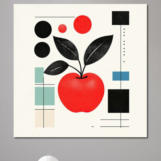 tablou canvas cu un mar rosu cu frunze negre, pe fundal deschis cu linii si forme geometrice aranjate in stil abstract