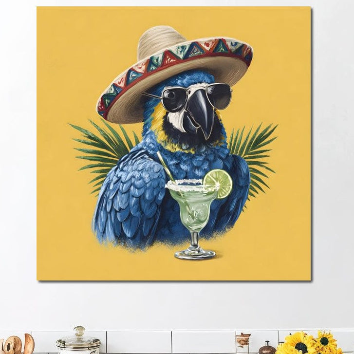 tablou canvas cu un papagal exotic, cu o palarie sombrero, ochelari de soare si un cocktail tropical, pe fundal galben