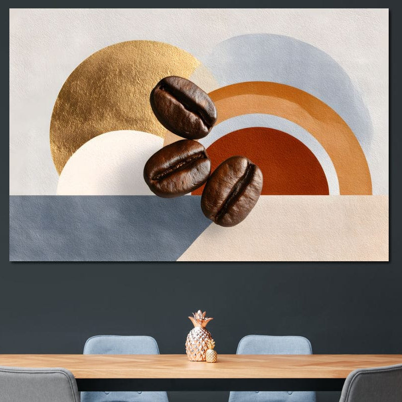 tablou canvas cu trei boabe de cafea, pe fundal abstract cu forme in nuante reci si calde