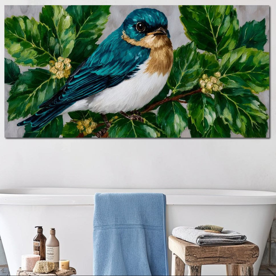 tablou canvas cu o pasare cu penaj turcoaz si cafeniu, pe o ramura cu frunze verzi lucioase si muguri galbeni