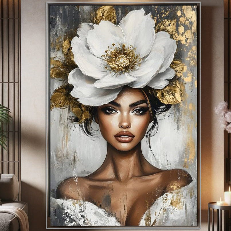 Tablou Canvas Premium, LuxCanva® G1142, Zeita Primaverii Eterne, Regina, Flori, Noblete, Aur, Puritate, Atemporal, Gratie, Aura, Senzualitate, Delicatete, Birou, Living