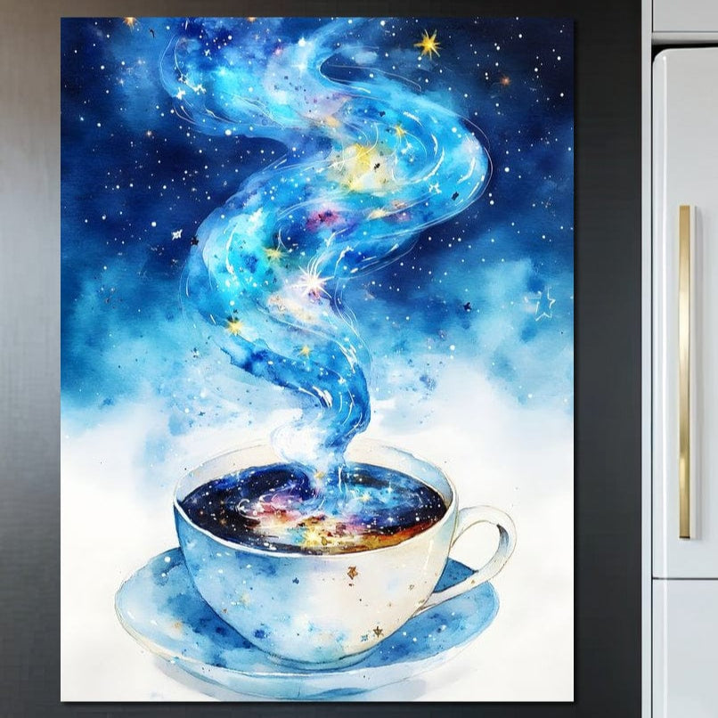 tablou canvas cu o ceasca de cafea alba, cu aburi albastri pe fundal nocturn albastru cu stele aurii
