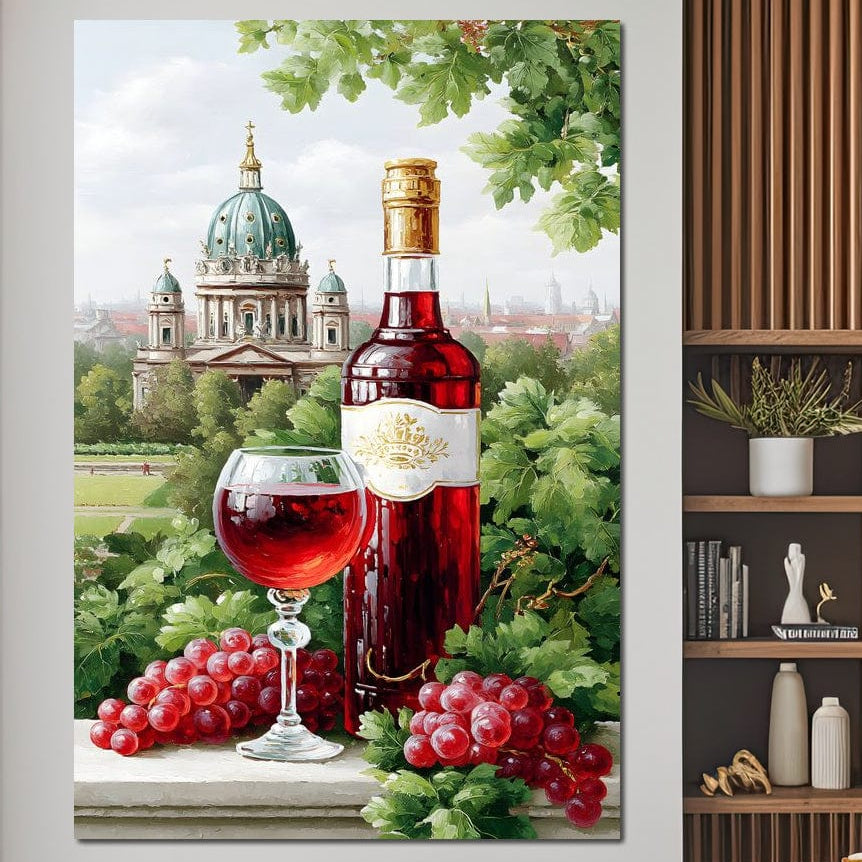 tablou canvas cu o sticla si un pahar de vin rosu, printre struguri si vegetatie, cu o manastire si un cadru urban pe fundal