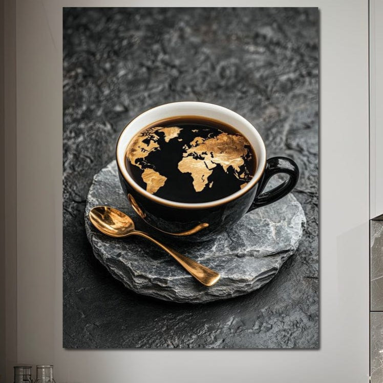 tablou canvas cu harta lumii in nuante aurii, intr-o ceasca cu cafea neagra, alaturi de o lingurita de aur, pe fundal texturat de piatra