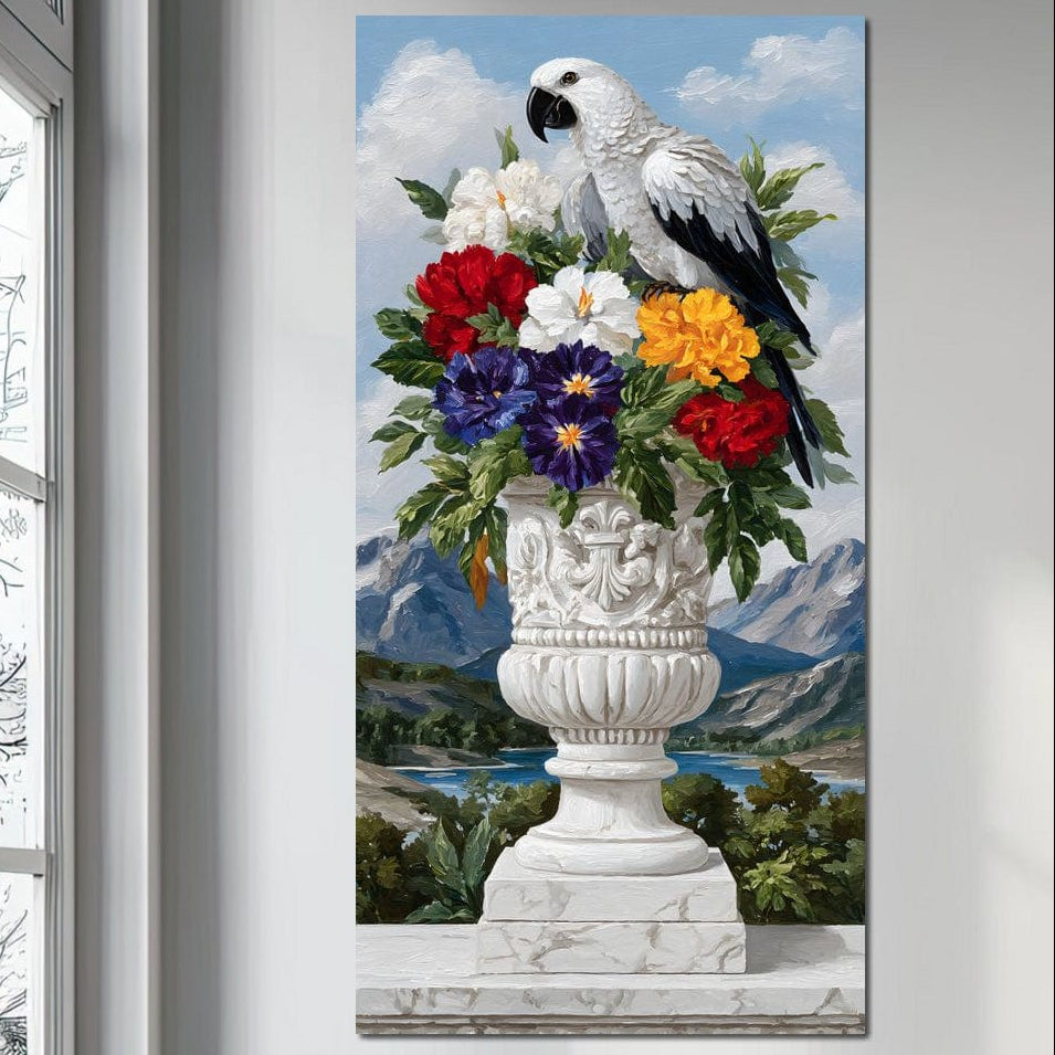 tablou canvas cu un papagal alb si negru, pe o vaza de piatra cu flori colorate, pe fundal cu peisaj natural de munte