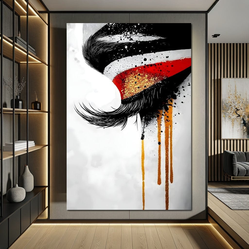 Tablou Canvas Premium, LuxCanva® G1180, Privirea care Curge, Ochi, Gene, Lacrimi, Tacere, Durere, Emotie, Drama, Rosu, Galben, Negru, Stropi, Suferinta, Birou, Living, Dormitor