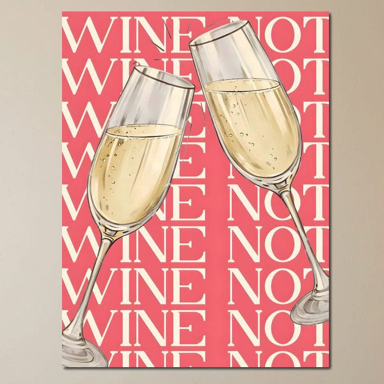 tablou canvas cu doua pahare de sampanie, pe fundal roz cu text alb