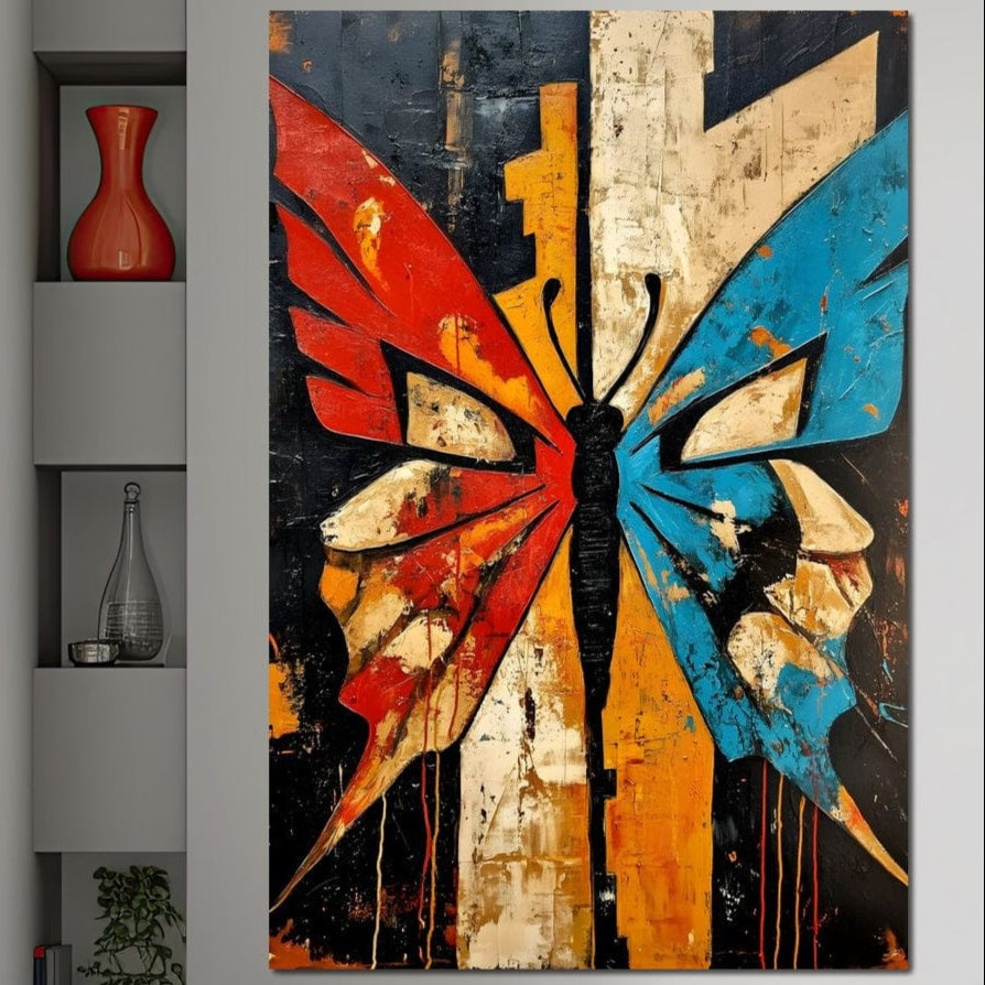 tablou canvas cu un fluture abstract in nuante de rosu si albastru, pe fundal urban texturat in stil pictura graffiti