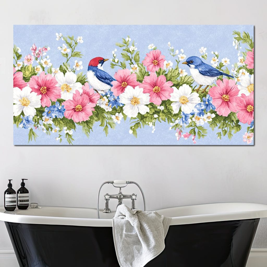 tablou canvas cu doua pasari colorate pe o creanga cu flori roz si albe