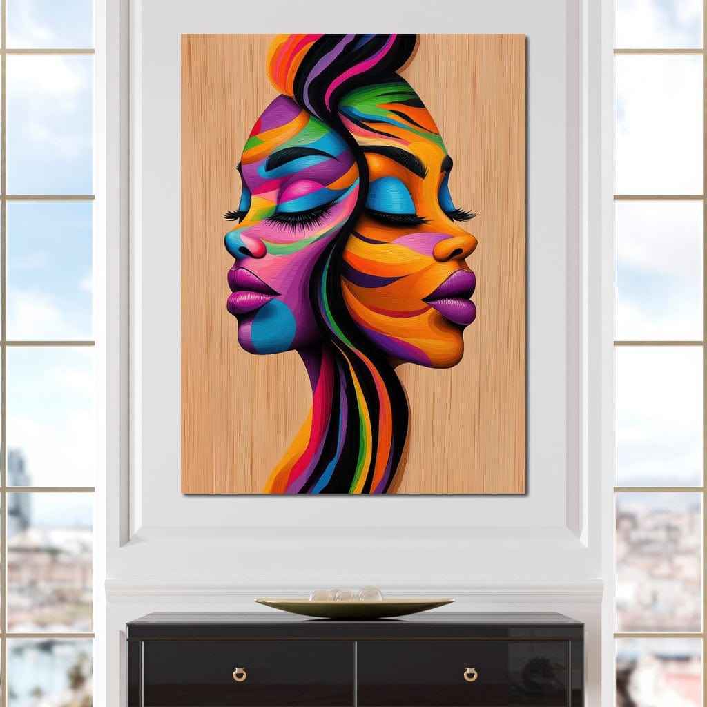 Tablou Canvas Premium, LuxCanva® G1244, Dualitate Feminina, Colorat, Emotie, Energie, Suflete, Intrepatruns, Vibrant, Fete, Femei, Spirit, Abstract, Contrast, Perete, Mov, Salon, Living, Dormitor