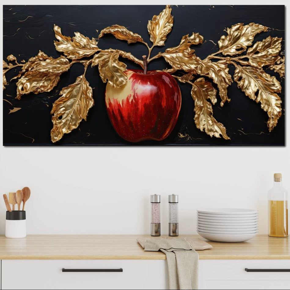 tablou canvas cu un mar rosu cu frunze aurii pe fundal negru cu accente aurii