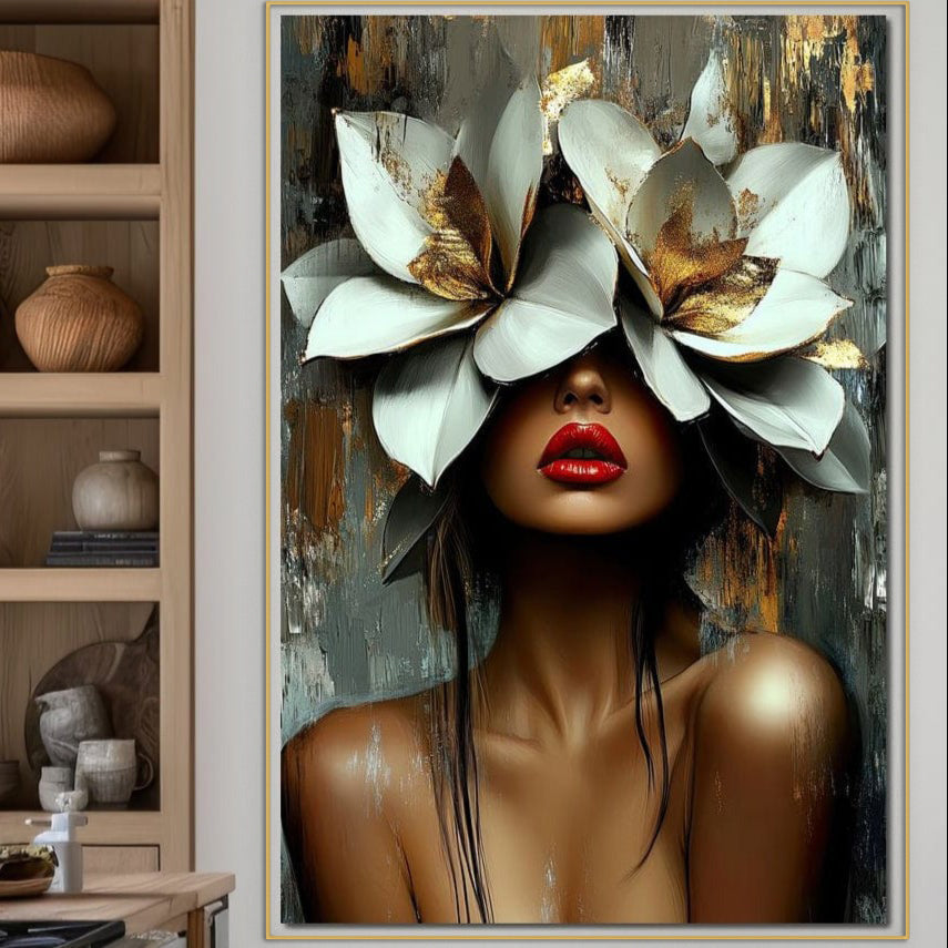 Tablou Canvas Premium, LuxCanva® G1186, Sub Corola Visului, Auriu, Rosu, Feminitate, Gratie, Mister, Floral, Senzualitate, Exotic, Petale, Oniric, Renastere, Vis, Birou, Living, Dormitor